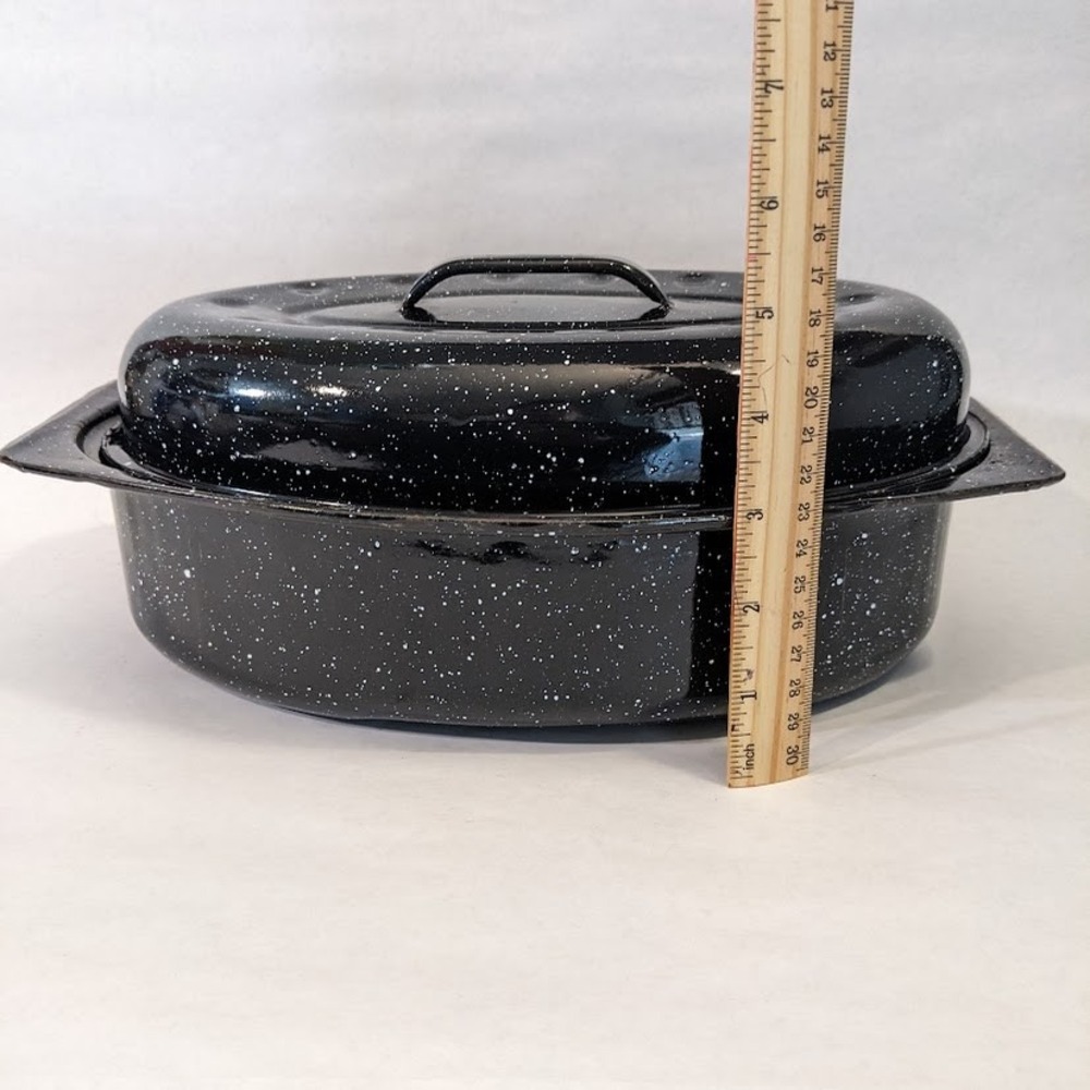 Vintage Graniteware Roasting Pan Black White Speckled Enamelware Oval Lidded 13" - Picture 11 of 11